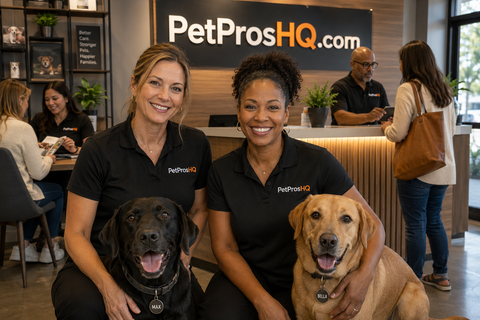 Two smiling PetProsHQ team members with a black Labrador and a yellow Labrador in the PetProsHQ.com storefront